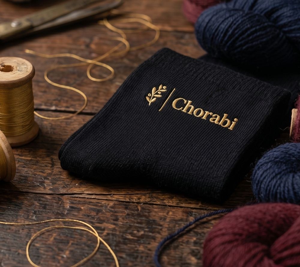 Altın iplikle Chorabi işlenmiş siyah çorap, altın iplik makaraları ve yün yumakları